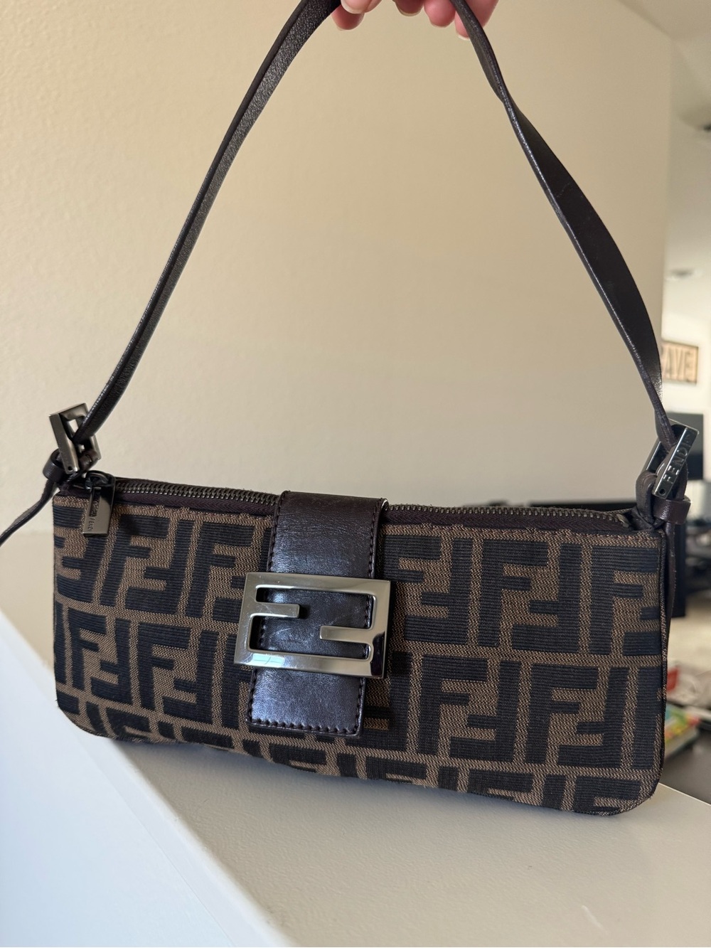 Vintage Fendi Zucca print Baguette Shoulder Bag w/ silver hardware